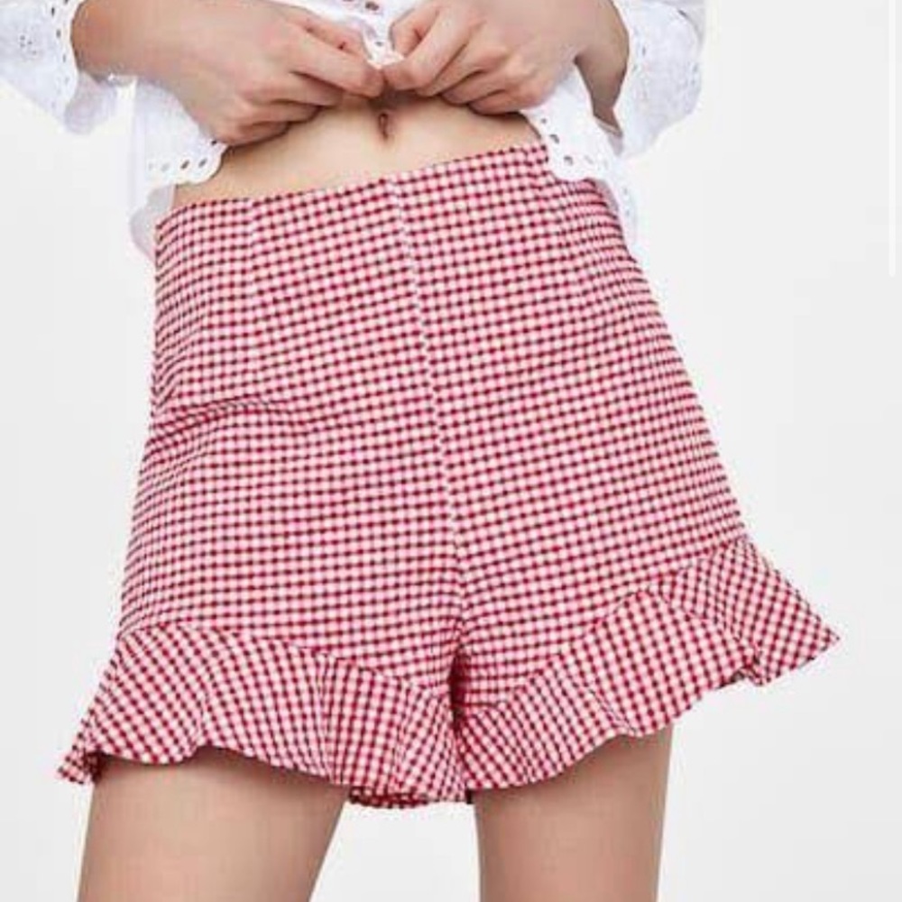 ZARA red gingham flutter hem shorts